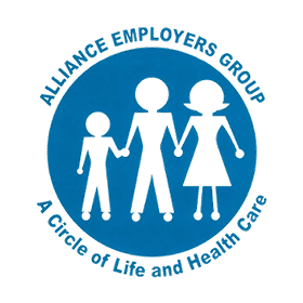 Family holding hands in a blue circle.