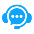 Blue chat icon with headset on black.