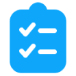 Blue checklist icon on black background.